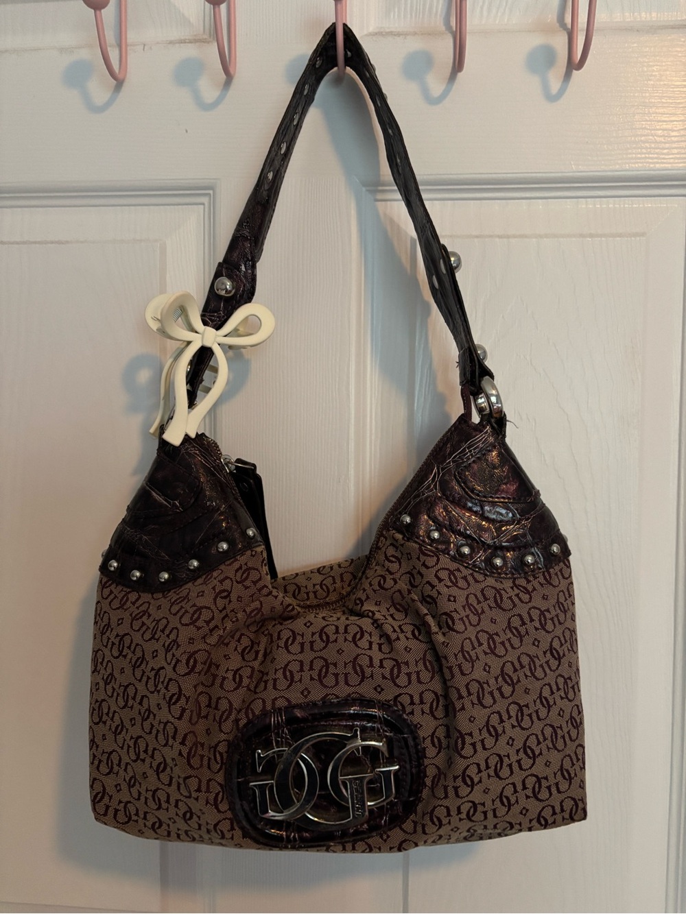 Vintage Guess Y2K Brown Monogram Shoulder Bag with Dark Purple Trim
